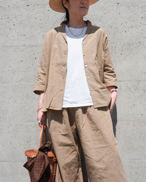 Linen Cotton Open Collar Shirt / Beige・Navy