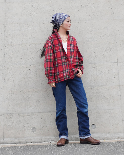 〈予約〉INDIGO Tartan Frill Tuck Blouse / Red・Blue