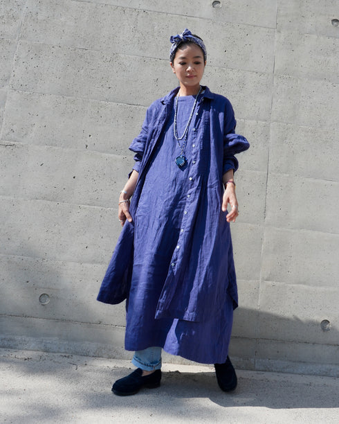 Linen Tuck Shirt Dress / Khakibeige・Frenchblue