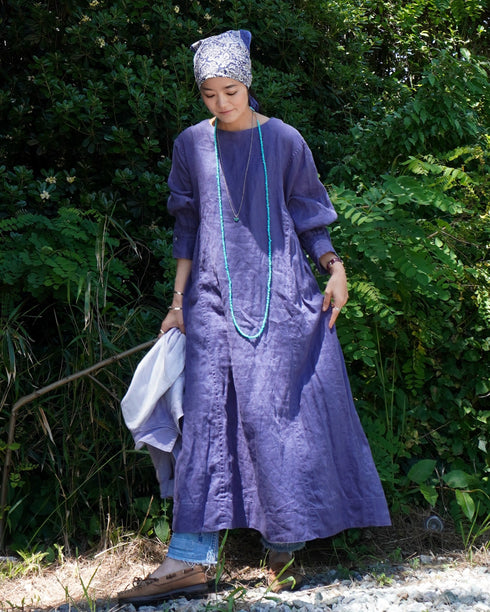 Linen Gather Dress / Khakibeige・Frenchblue