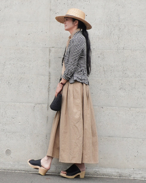 Linen Cotton Open Collar Dress / Beige・Navy