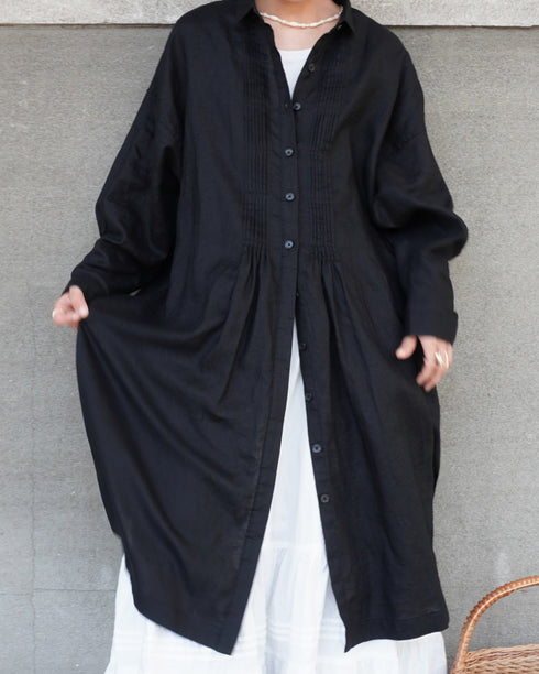 Linen Tuck Shirt Dress / White・Black
