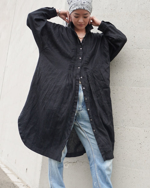 Linen Tuck Shirt Dress / White・Black