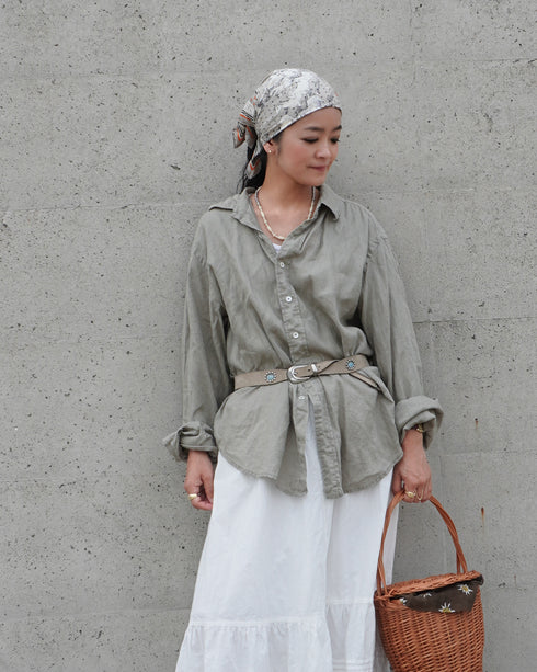 Linen Relaxed Unisex Shirt / Khakibeige・Frenchblue