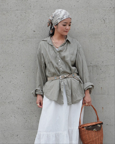 Linen Relaxed Unisex Shirt / Khakibeige・Frenchblue