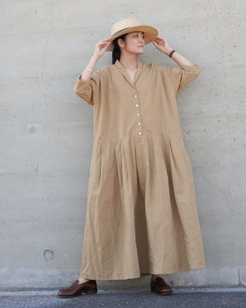 Linen Cotton Open Collar Dress / Beige・Navy