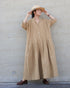Linen Cotton Open Collar Dress / Beige・Navy