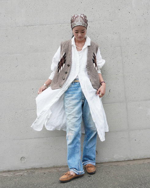 Linen Tuck Shirt Dress / White・Black