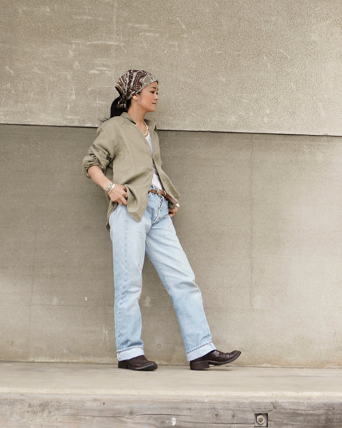 Linen Relaxed Unisex Shirt / Khakibeige・Frenchblue
