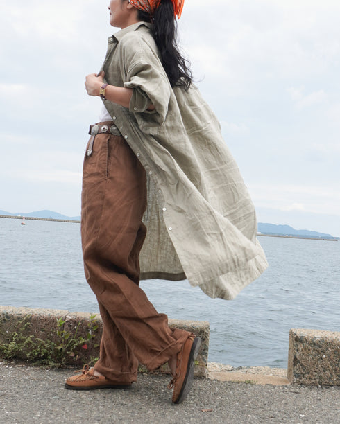 Linen Tuck Shirt Dress / Khakibeige・Frenchblue