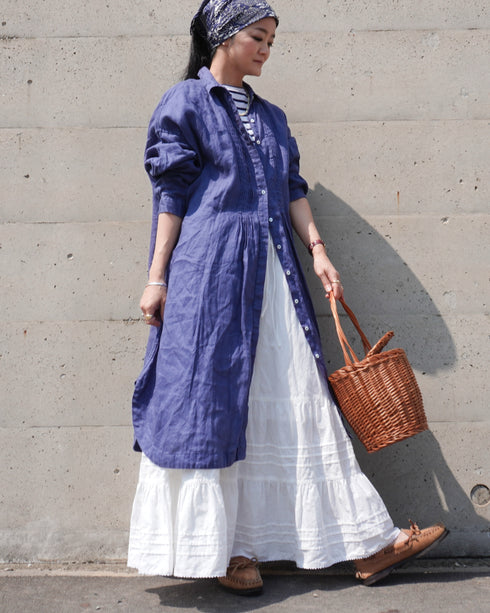 Linen Tuck Shirt Dress / Khakibeige・Frenchblue