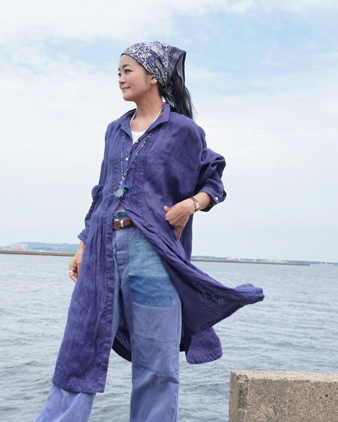 Linen Tuck Shirt Dress / Khakibeige・Frenchblue