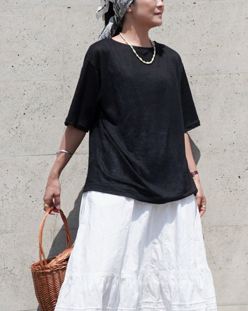 Linen 2way Henley Tee / Khaki・Black