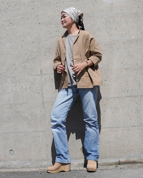 Linen Cotton Open Collar Shirt / Beige・Navy
