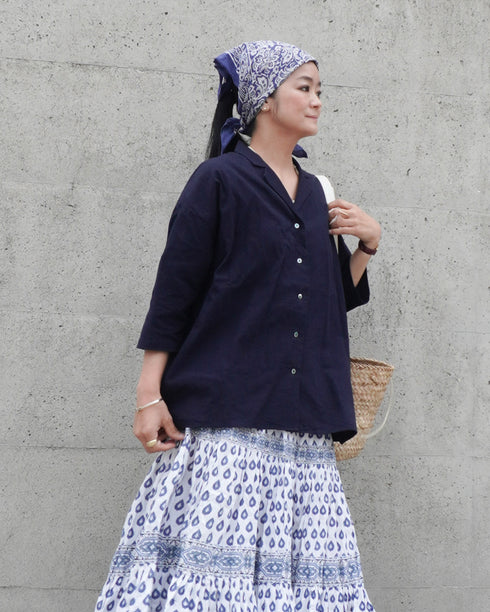 Linen Cotton Open Collar Shirt / Beige・Navy