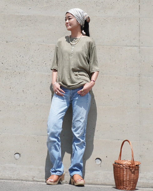 Linen 2way Henley Tee / Khaki・Black