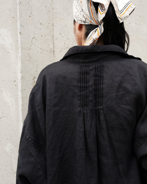 Linen Tuck Shirt Dress / White・Black