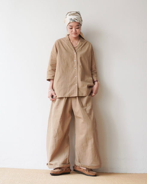 Linen Cotton Open Collar Shirt / Beige・Navy