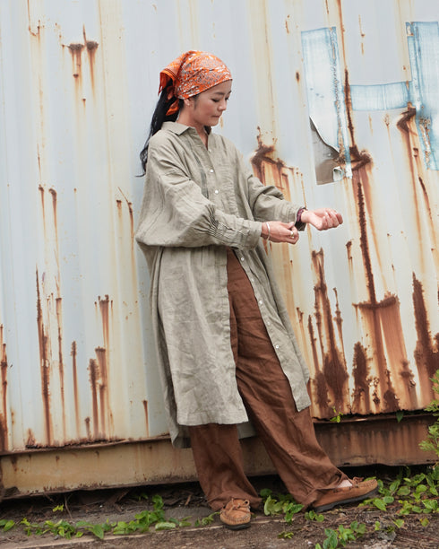 Linen Tuck Shirt Dress / Khakibeige・Frenchblue