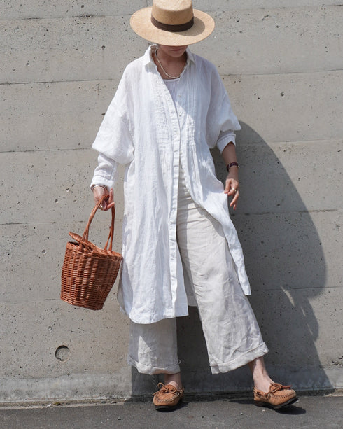 Linen Tuck Shirt Dress / White・Black