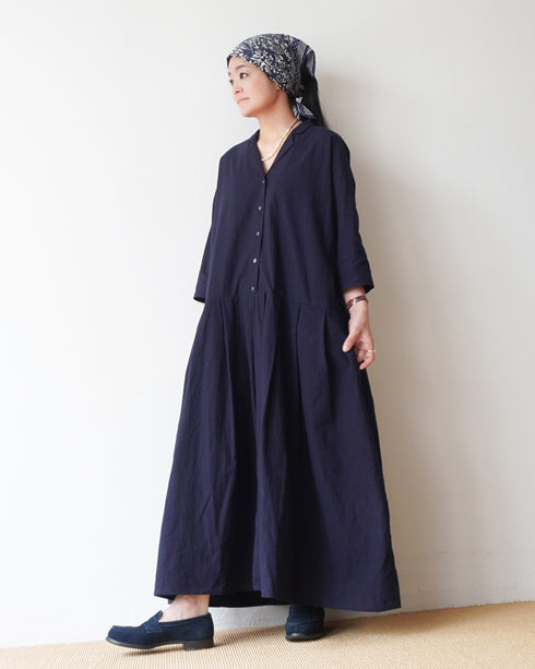Linen Cotton Open Collar Dress / Beige・Navy