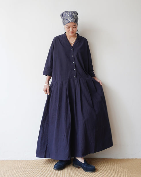 Linen Cotton Open Collar Dress / Beige・Navy