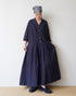 Linen Cotton Open Collar Dress / Beige・Navy