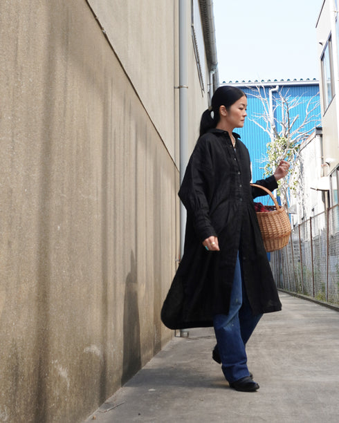 Linen Tuck Shirt Dress / White・Black