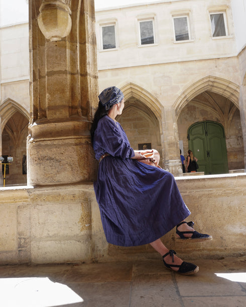Linen Gather Dress / Khakibeige・Frenchblue