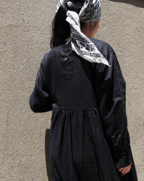Linen Gather Dress / White・Black