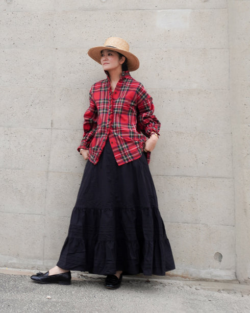 〈予約〉INDIGO Tartan Frill Tuck Blouse / Red・Blue