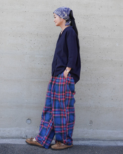 Linen Cotton Open Collar Shirt / Beige・Navy
