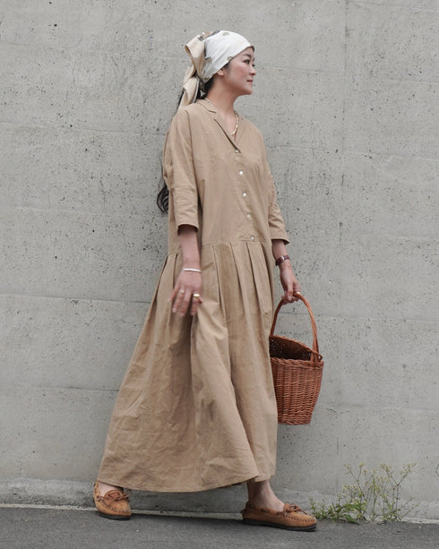 Linen Cotton Open Collar Dress / Beige・Navy