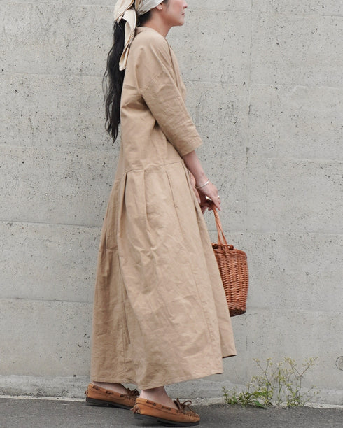 Linen Cotton Open Collar Dress / Beige・Navy