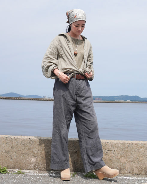 Linen 2way Henley Tee / Khaki・Black