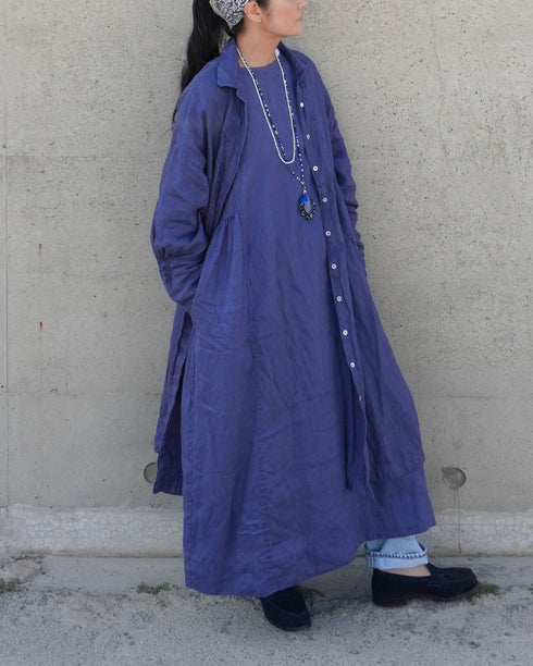 Linen Tuck Shirt Dress / Khakibeige・Frenchblue