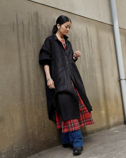 Linen Tuck Shirt Dress / White・Black