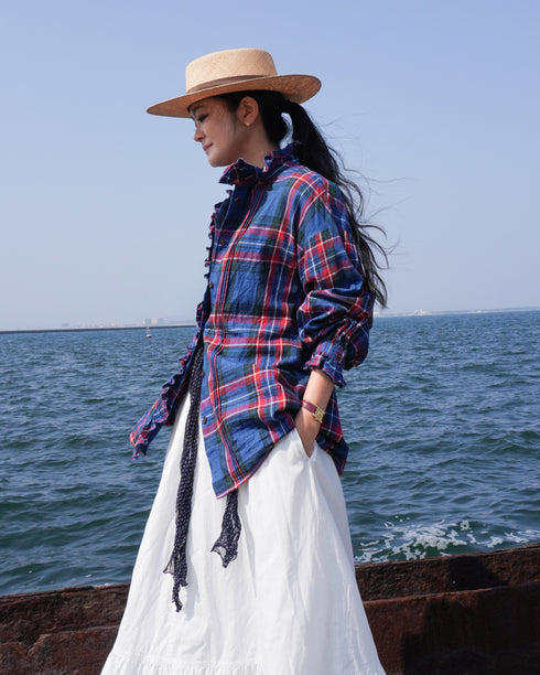 〈予約〉INDIGO Tartan Frill Tuck Blouse / Red・Blue
