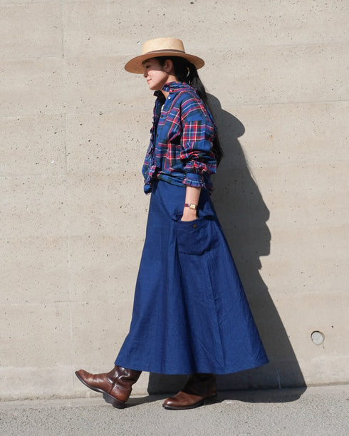 〈予約〉INDIGO Tartan Frill Tuck Blouse / Red・Blue