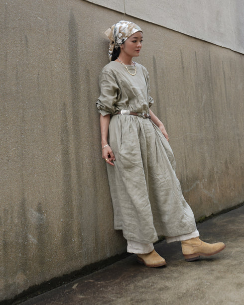 Linen Gather Dress / Khakibeige・Frenchblue