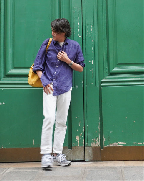 Linen Relaxed Unisex Shirt / Khakibeige・Frenchblue