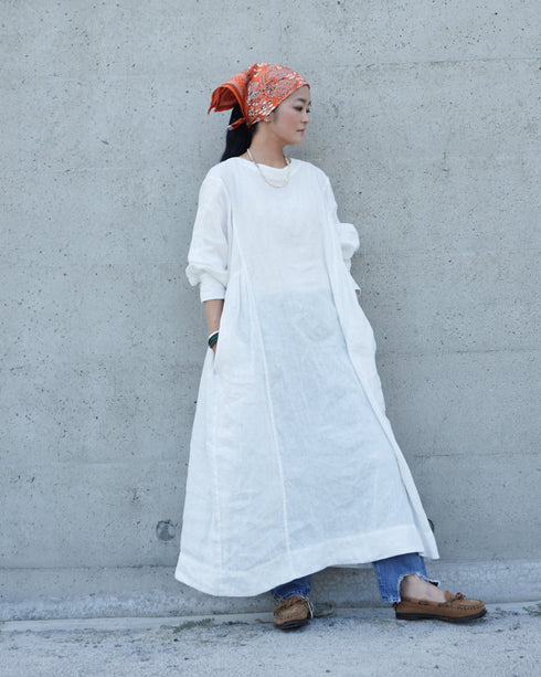 Linen Gather Dress / White・Black