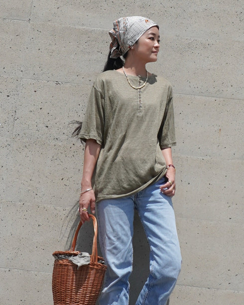 Linen 2way Henley Tee / Khaki・Black