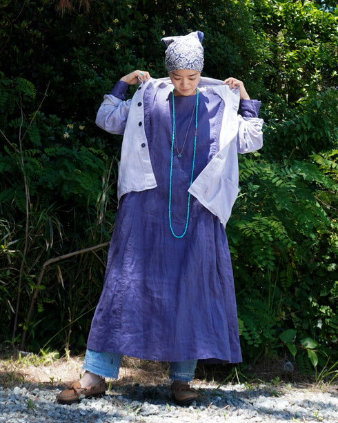 Linen Gather Dress / Khakibeige・Frenchblue