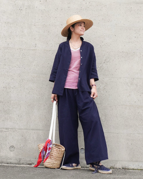 Linen Cotton Open Collar Shirt / Beige・Navy