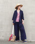 Linen Cotton Open Collar Shirt / Beige・Navy