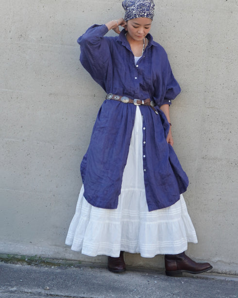 Linen Tuck Shirt Dress / Khakibeige・Frenchblue