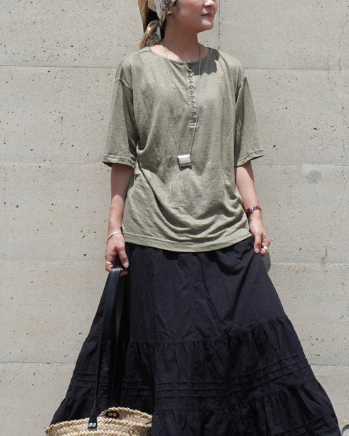 Linen 2way Henley Tee / Khaki・Black