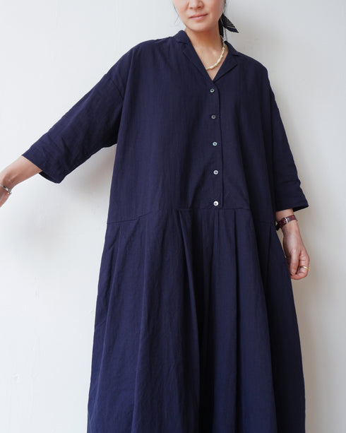 Linen Cotton Open Collar Dress / Beige・Navy