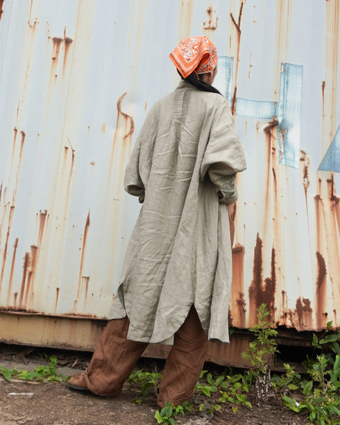 Linen Tuck Shirt Dress / Khakibeige・Frenchblue